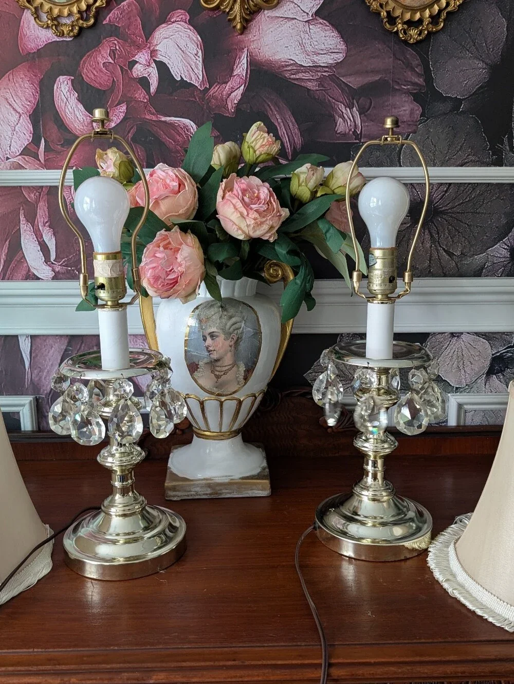 VTG, Set of 2, Regency Crystal Prism Accent, Polished Gold Metal Column LampS